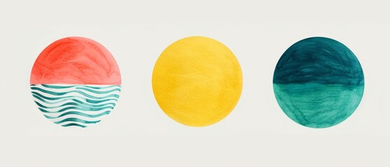 Vibrant Japanese Abstract Artworks in Circular Frames with Sketch Technique and Playful Colors