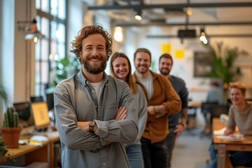 Fototapeta premium Smiling Man Standing With His Coworkers In An Office
