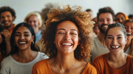 Obraz premium A crowd of laughing people, mixed races, young and old, white background. Generative AI.