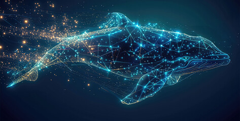 flat 2D illustrate with glowing blue killer whale made of digital particles with geometric lines, Particles go from light to dark, yellow, green and blue light, black background. Generative AI.