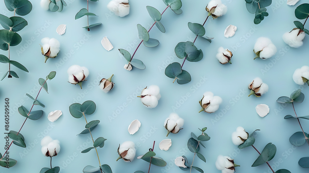 Poster flowers composition pattern made of cotton flowers and eucalyptus branches on pastel blue background