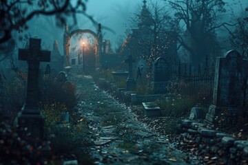 A peaceful cemetery scene with a single light at the end, suitable for use in illustrations or photographs about remembrance, memory, and eternity