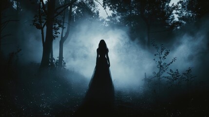 A woman stands in a dark forest, wearing a long dress