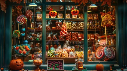Fototapeta premium A festive image of a candy store window filled with an assortment of Halloween treats
