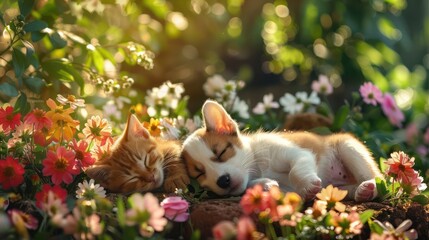 A heartwarming scene of a puppy and kitten napping together in a sunlit garden, surrounded by blooming flowers.