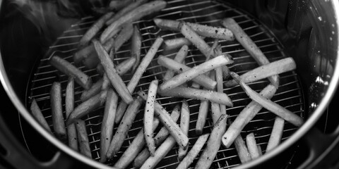 A close-up shot of French fries cooking in an air fryer, perfect for food and kitchen-related content