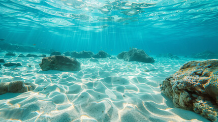 The tropical blue ocean of Hawaii with white sand and stones underwater creating a calm sea...