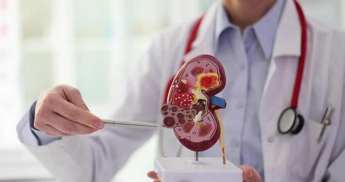 Doctor points pen to artificial model of kidney with stones and pathologies. Specialist demonstrates structure and diseases of human organ slow motion