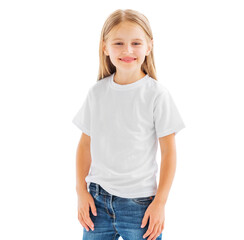 Fototapeta premium Smiling little girl in a white blank t-shirt isolated on a white background