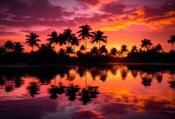 serene sunset reflection smooth tropical lagoon surface, glassy, water, calm, peaceful, dusk, sky, orange, vibrant, horizon, nature, beauty, tranquil