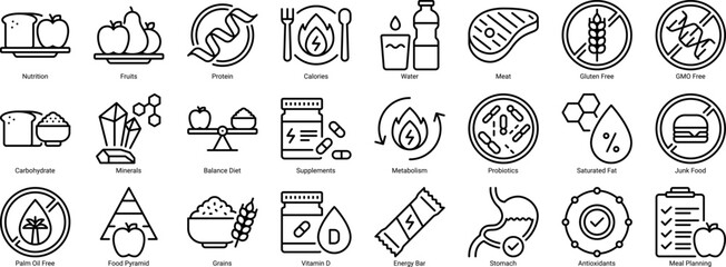 Healthy Food and Nutrition icon set line style editable stroke.