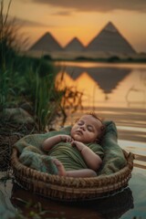 A baby is lying in a wicker basket partially submerged in calm water, perfect for a scene about a relaxing day or a peaceful moment