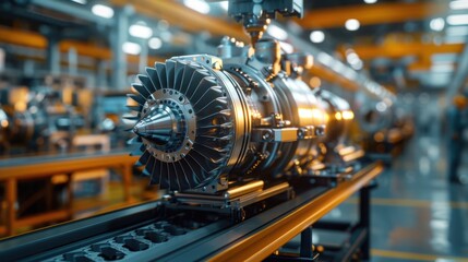 Obraz premium Detailed view of an aircraft engine being assembled, digital art, with technicians using precision tools and advanced machinery in a clean, high-tech facility. 