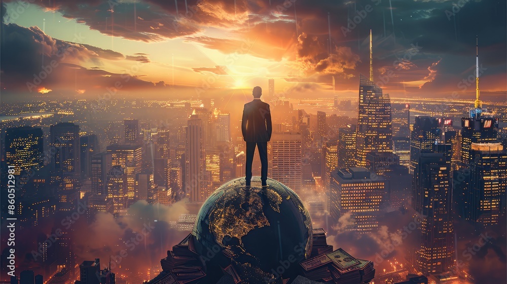 Poster a person standing confidently on top of a globe, holding stacks of money, with a luxurious cityscape