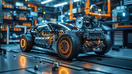 Electric vehicle repair and diagnostics with advanced tools, photorealistic style in a modern workshop, emphasizing precision and technology. 