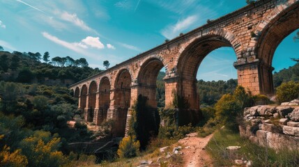 Obraz premium A serene landscape featuring a stone bridge spanning a verdant hillside, ideal for nature and outdoor-themed projects