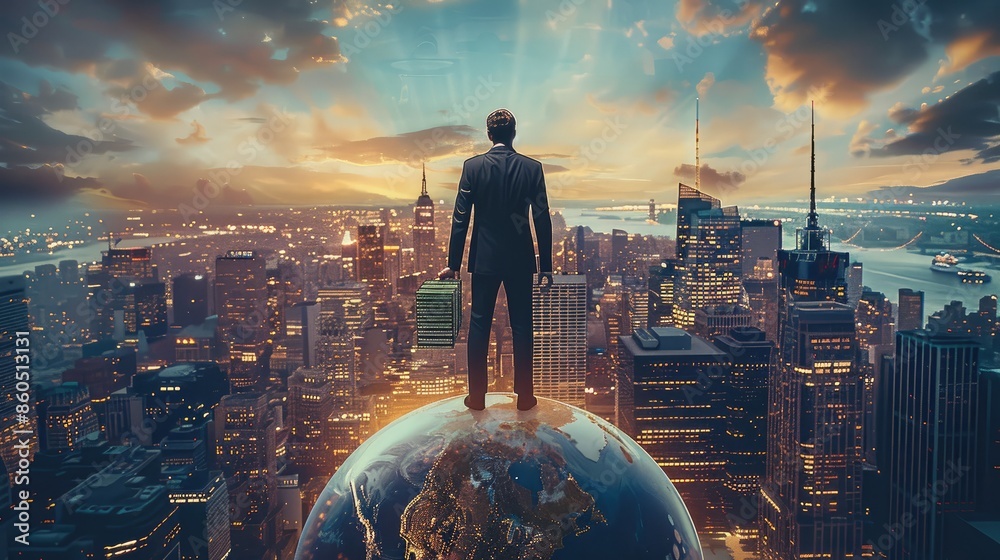 Poster a person standing confidently on top of a globe, holding stacks of money, with a luxurious cityscape