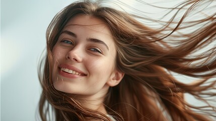 Fototapeta premium Woman brunette healthy long hair turning her head that the hair is swinging through the air, heavy hair, she smiling. Generative AI.
