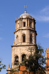 Fototapeta premium beautiful bell tower of a Catholic church behind trees seen from a majestic garden