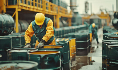 Male worker inspecting Barrels of Oil in an Oil Warehouse. Wearing a Professional safety dress and helmet, Generative AI. 