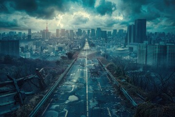 Fototapeta premium A deserted highway leading to a city skyline at sunset