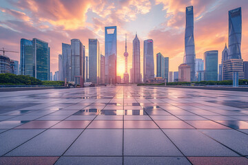 Obraz premium A majestic cityscape at dawn featuring a modern skyline with iconic high-rise buildings and skyscrapers