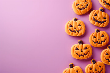 Halloween themed pumpkin cookies with scary faces on a violet background