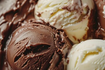 A close-up of an ice cream scoops with chocolate and vanilla flavors
