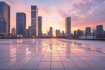 Elegant Cityscape at Sunset with Modern High-Rise Buildings