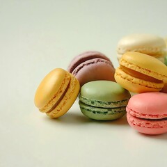 Colorful macarons dessert in the right on white background, product shot of advertising in poster promotion, graphic illustration image generative ai
