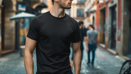 Naklejka premium A man in a black shirt stands on a city street