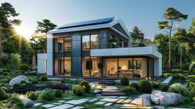 A modern house with solar panels on the roof, white walls and gray windows, in front of it is an open garden, blue sky, green trees. Generative AI.