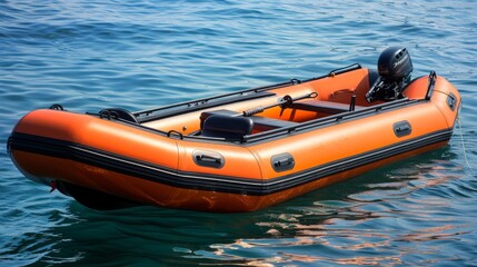 Bright Orange Inflatable Boat with Outboard Motor Floating on Calm Blue Water
