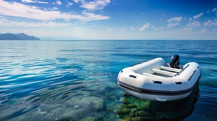 Tranquil Scene of Inflatable Boat Floating in Clear Blue Water at Rocky Coastline with Mountains