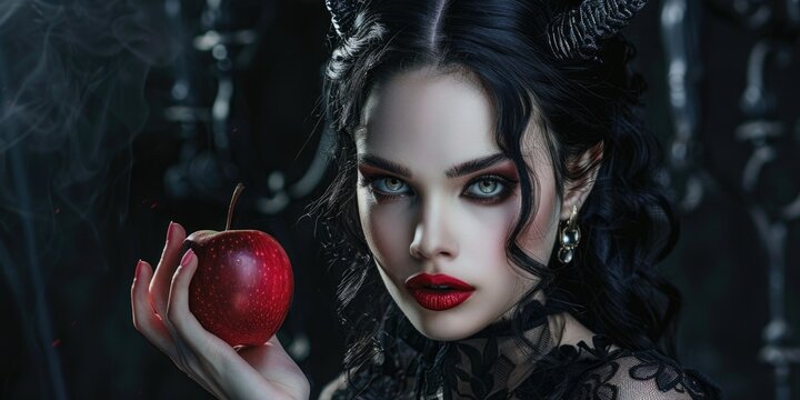 A woman with horns holds an apple in her hand, possibly a mythological or symbolic depiction