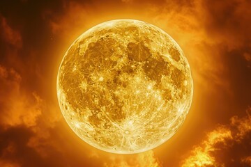 A bright yellow moon shines through the clouds in the night sky