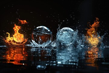 A scene featuring fire and ice cubes surrounded by water, suggesting a contrast between hot and cold temperatures