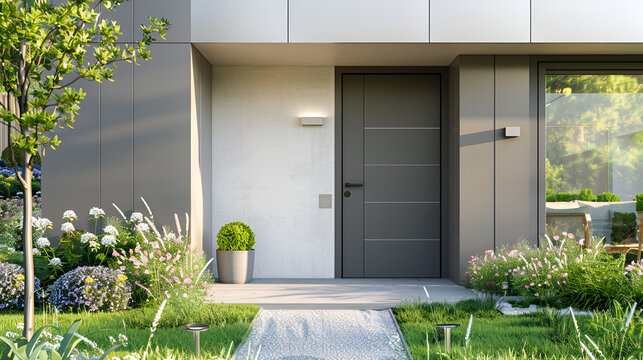 white facade of modern cottage with front door close-up. The entrance door is white, with steel design elements
