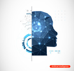 Artificial Intelligence. Technical background with a silhouette of a man. Big data concept. Machine cyber mind.