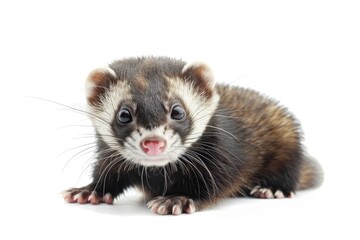 Playful baby ferret with a curious expression isolated on white background