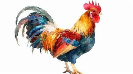 Fototapeta premium Watercolor painting of a rooster against a clean white background, great for editorial and commercial use