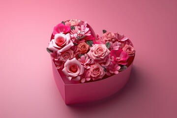 A heart-shaped box filled with fresh pink flowers