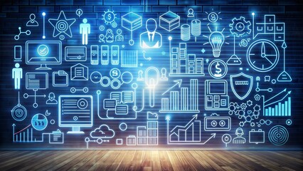 Obraz premium An image of a wall with a variety of blue neon business icons drawn on it. The icons represent different aspects of business, such as money, technology, people, and growth. AI