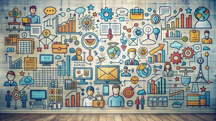 A Brick Wall Mural With Colorful Business Icons and a Wooden Floor. Generative AI