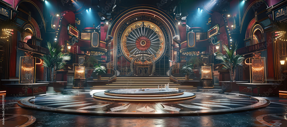 Poster a tv show set design featuring a stage with circular podiums in the center and an amusement park beh