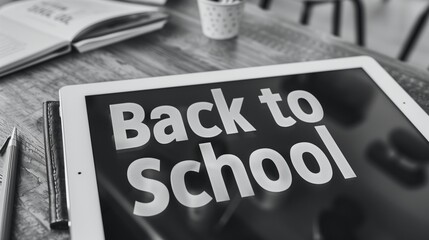 Modern "Back to School" text on a sleek digital tablet in a tech-savvy classroom environment, with a minimalist black and white design.