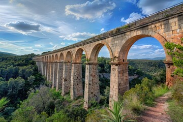 Fototapeta premium A serene landscape with a stone bridge spanning a green valley, ideal for use in travel, nature, or outdoor-themed projects