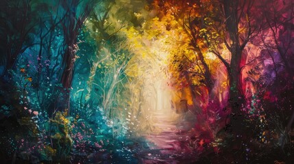Fototapeta premium Wide-angle view of an enchanting forest, abstract art elements with vivid bursts of light and flowing lines, oil painting technique, surreal and mesmerizing
