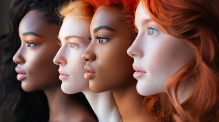 Four women of diverse ethnicities and hair colors stand in a row, looking forward.