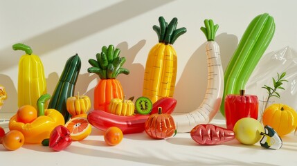 Colorful Inflatable Fruits and Vegetables Displayed as Playful Toy Decorations Against White Background